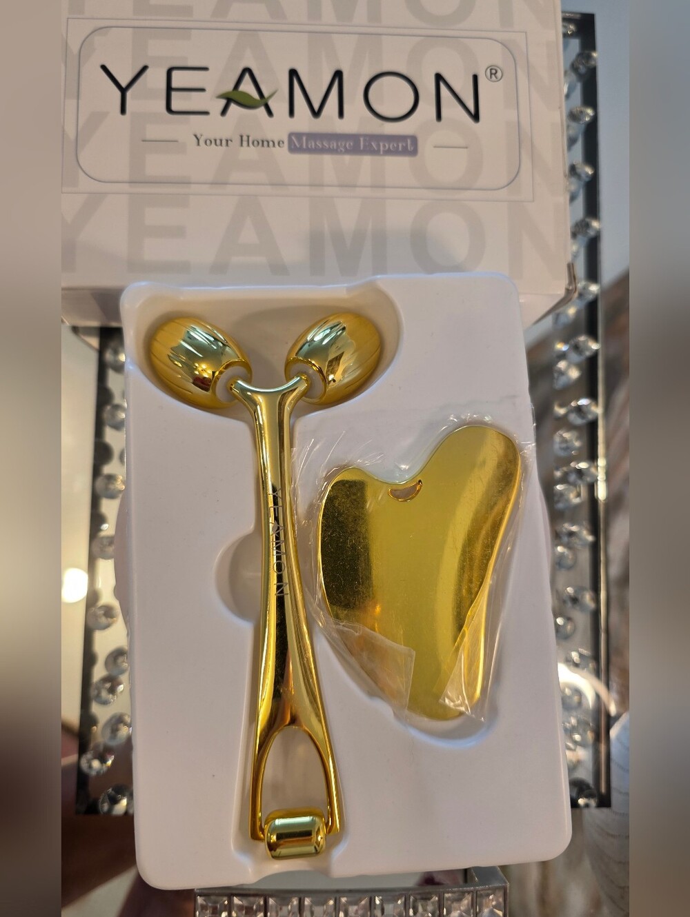 YEAMON 2-in-1 Face Massager Roller & Gua Sha Set Gold Facial Beauty Bar New